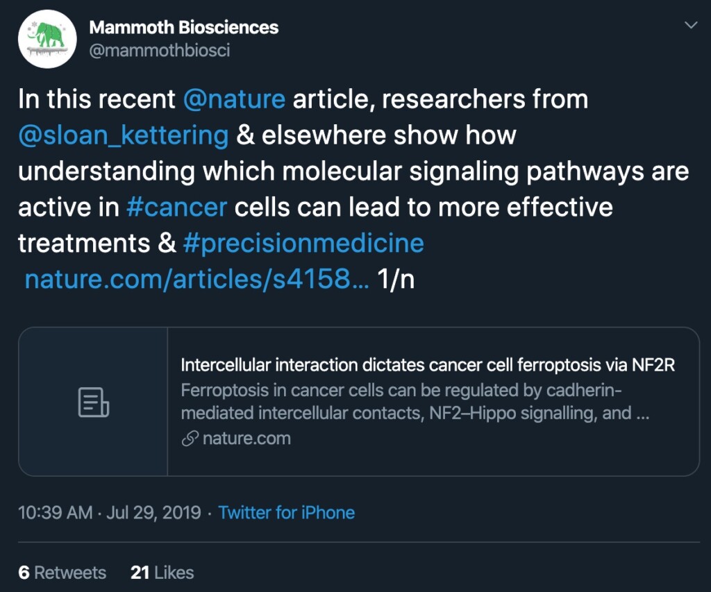 Screenshot of a Mammoth tweet from the #MammothDigests series. Mammoth digests are short summaries of interesting papers. The text of the tweet says "In this recent @nature article, researchers from @sloan_kettering & elsewhere show how understanding which molecular signaling pathways are active in #cancer cells can lead to more effective treatments & #precisionmedicine." The tweet also links to the referenced paper.