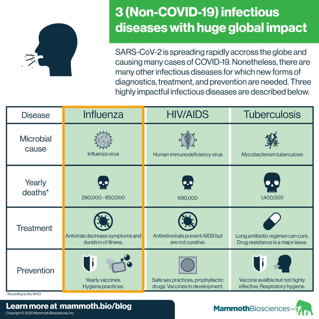 Image showing some of the key characteristics of influenza, HIV/AIDS, and tuberculosis.