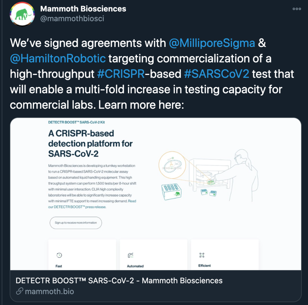 Screenshot of a tweet from the Mammoth Biosciences Twitter account announcing the DETECTR BOOST SARS-CoV-2 Kit. The tweet reads, "We've signed agreements with @MilliporeSigma & @HamiltonRobotic targeting commercialization of a high-throughput #CRISPR-based #SARSCoV2 test that will enable a multi-fold increase in testing capacity for commercial labs. Learn more here [link to https://mammoth.bio/covid/]