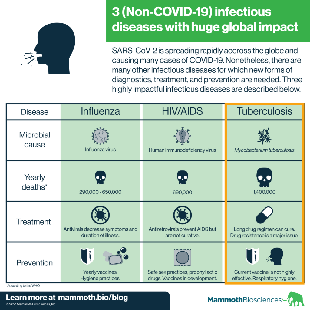 This graphic highlights influenza, HIV/AIDS, and Tuberculosis as 3 infectious diseases that have major global impacts. Each disease causes hundreds of thousands (and in the case of TB, millions) of deaths globally each year.