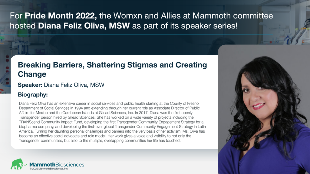 Image featuring Diana Feliz Oliva, MSW.
For Pride Month 2022, the Womxn and Allies at Mammoth committee 
hosted Diana Feliz Oliva, MSW as part of its speaker series! 